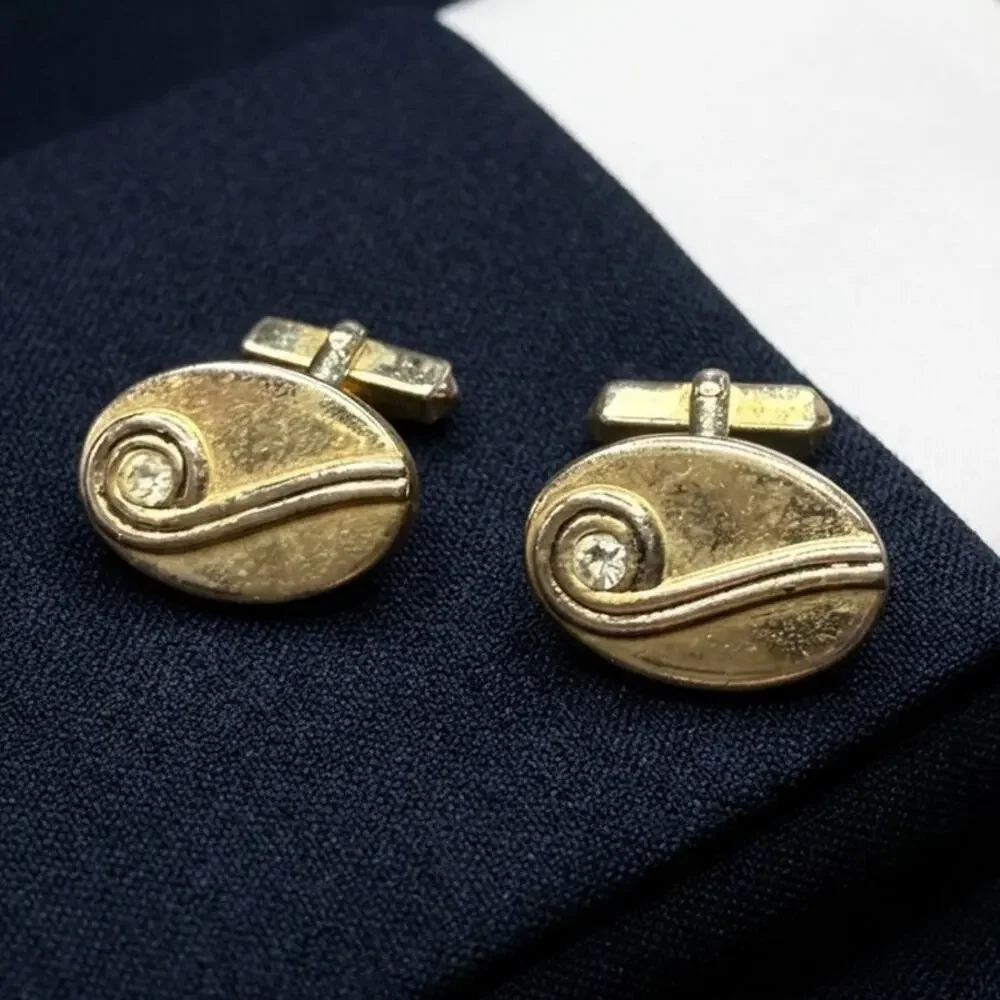 Vintage Swank Gold Tone Oval Swirl Rhinestone Cufflinks MCM Modernist